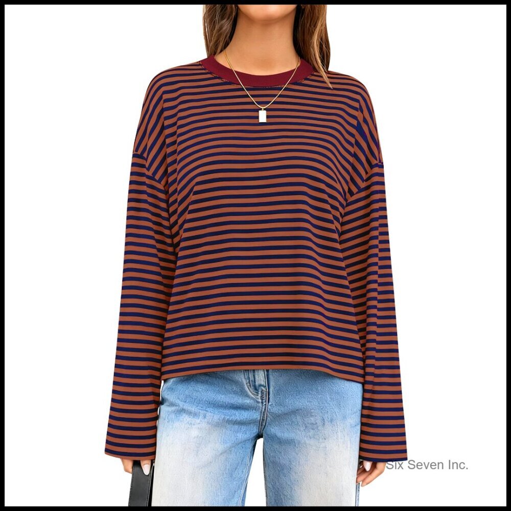 Striped Long Sleeve Oversized Crewneck Y2K Vintage Top Relaxed Fit Casual